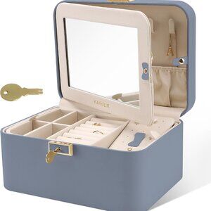 KAMIER 2 layers PU leather Jewelry organizer for women with lock and mirror